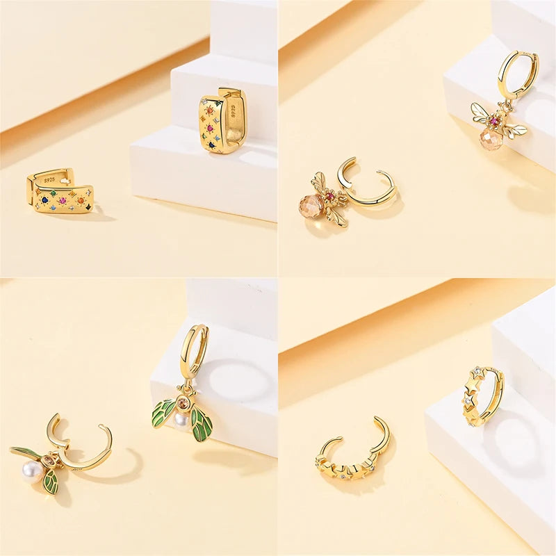 925 Silver Pearl Bee Star Moon Earrings – Trending Fashion Jewelry Gift
