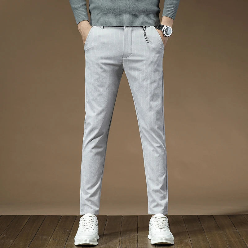 Men's Dress Pants Fashion Plaid Stripe Business Slim Fit Office Classic Retro Suit Pant Korean British Style Wedding Trousers