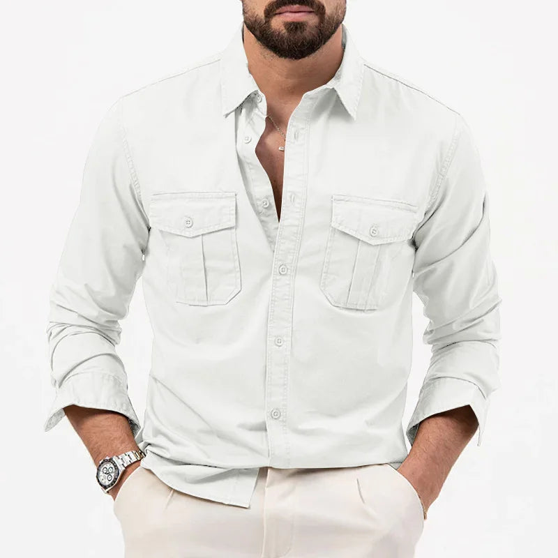New Men Shirts Long Sleeve Casual Spring Summer Retro Work Multi-pocket Slim Social Business Casual Blouse Solid Color Shirt