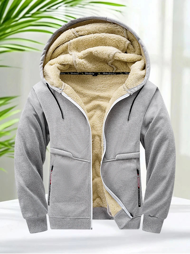 Faux Fur Lined Hoodies for Men Autumn Winter Thicken Fleece Sherpa Jacket Zip Up Hooded Coats with Zipper Pockets for Daily Wear