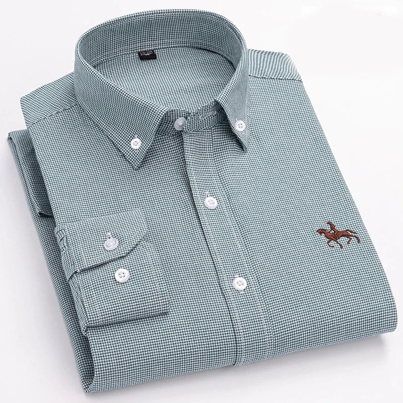 Basic Oxford Dress Shirt For Men Long Sleeve 100% Pure Cotton Solid  Casual Plaid Striped Social Business Male Regular-Fit S-6XL