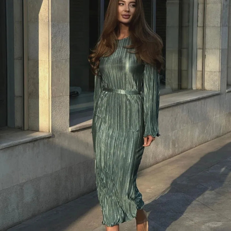 Autumn Winter Party Dress for Women 2025 Y2K INS Elegant Fashion Long Sleeve O Neck Lace Up Folds Evening Graduation Long Dress