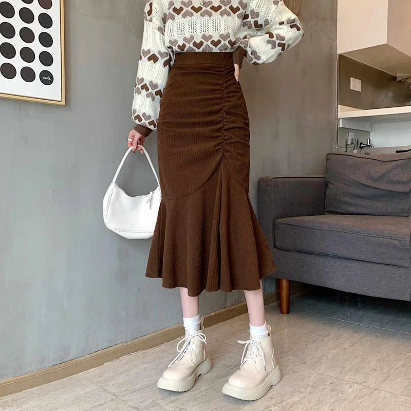 Fashion High Waist Midi Skirts for Women 2023 Spring Slim Fit  Hip Mermaid Skirt Woman Korean Ruffles Brown Skirts 2XL