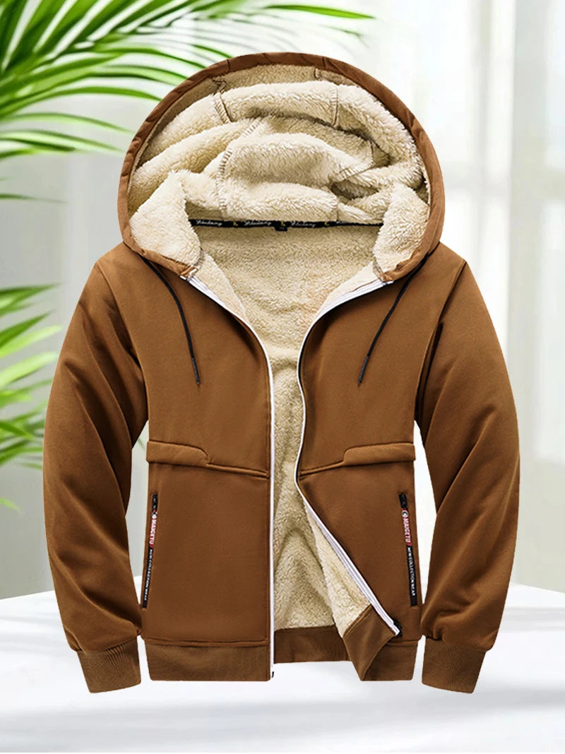 Faux Fur Lined Hoodies for Men Autumn Winter Thicken Fleece Sherpa Jacket Zip Up Hooded Coats with Zipper Pockets for Daily Wear