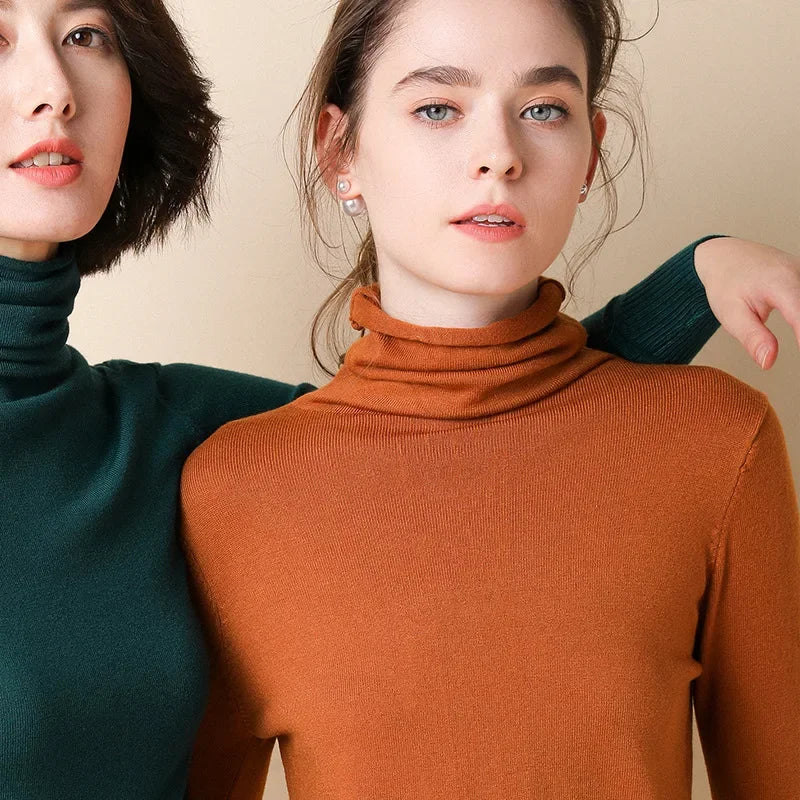 Turtleneck Women Sweater Warm Winter Solid Korean Stretch Slim Lady Jumpers Cashmere Black Sweater Pullover Femme Basic Knitwear