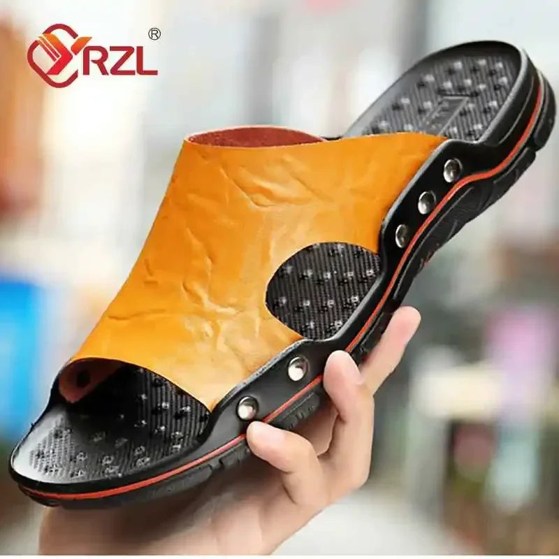 YRZL Mens Sandals PU Leather Classic Summer Men Slippers Soft Black Slippers Big Size Slippers Lightweight EVA Slides for Men