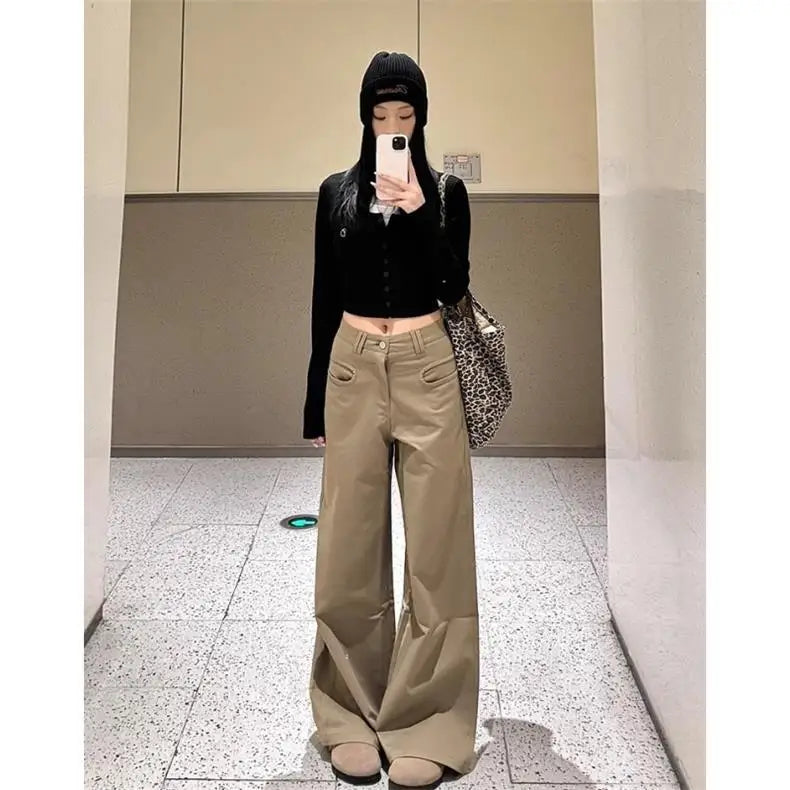 Petite Women's Melange Wide Leg Casual Pants 25 Fall Winter Slim High Waist Retro Floor Length