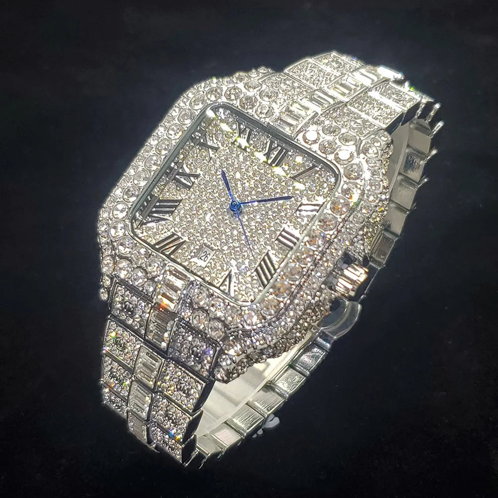 Luxury Original Brand Men Watch Fashion Bling Diamond Inlay Square Wristwatch Hip Hop Iced Out Man Jewelry Clock Dropshipping