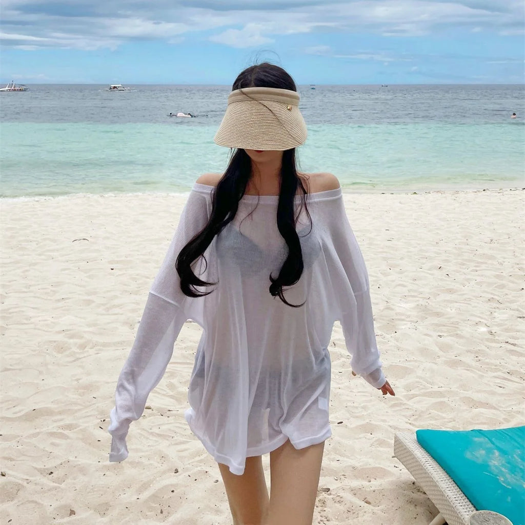 Bikini Swimsuit Cover up Women's Loose Thin Outerwear Casual Sle Long Sve One oulder T Top for Beach Vaion