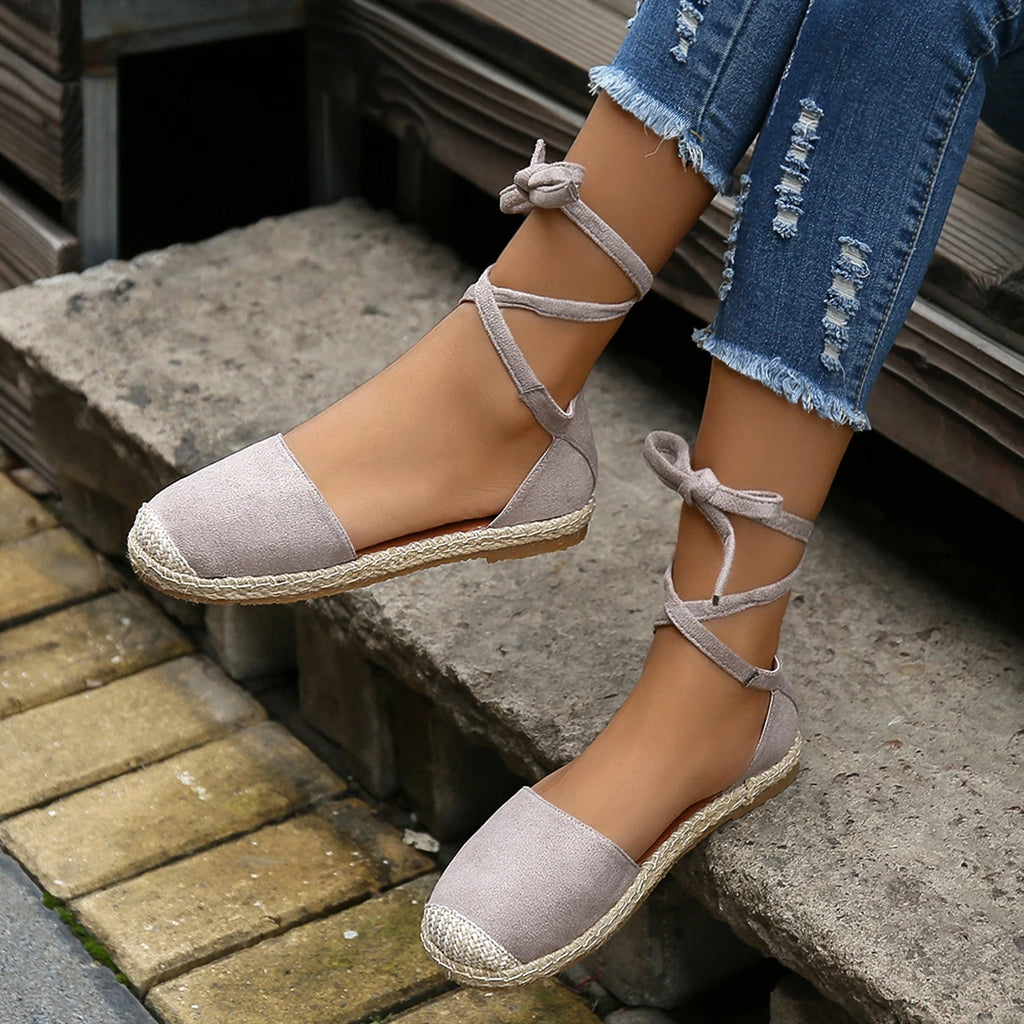 Women Sandals Summer Fashion Round Toe Solid Casual Shoes Flat Ankle Lace Up Rattan Straw Sole Roman Sandals Designer Sandals