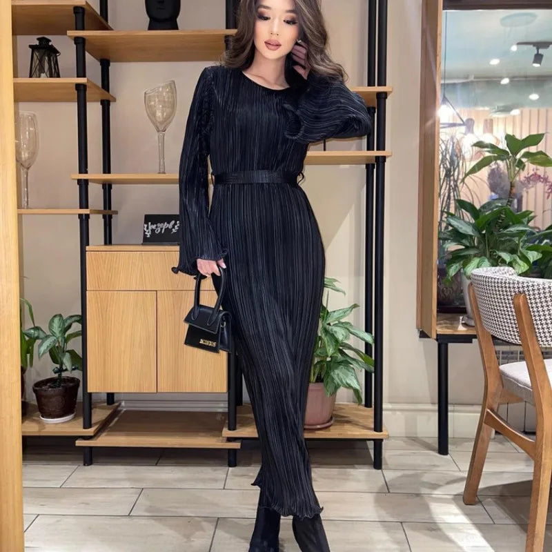 Autumn Winter Party Dress for Women 2025 Y2K INS Elegant Fashion Long Sleeve O Neck Lace Up Folds Evening Graduation Long Dress