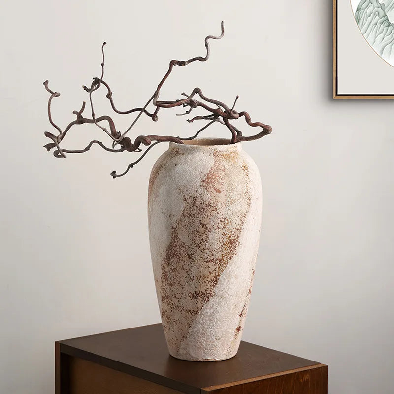Ceramic Vase Mottled Antique Pottery Jar Wabi Sabi Style Decoration Foyer TV Cabinet Flower Arrangement Ceramic Large Vase Decor