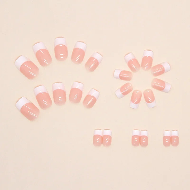 24 Pcs False Nail with Glue Designs Artificial Simple Pink White Art Nail Tip Self-nail Medium Square French Fake Nail Press On