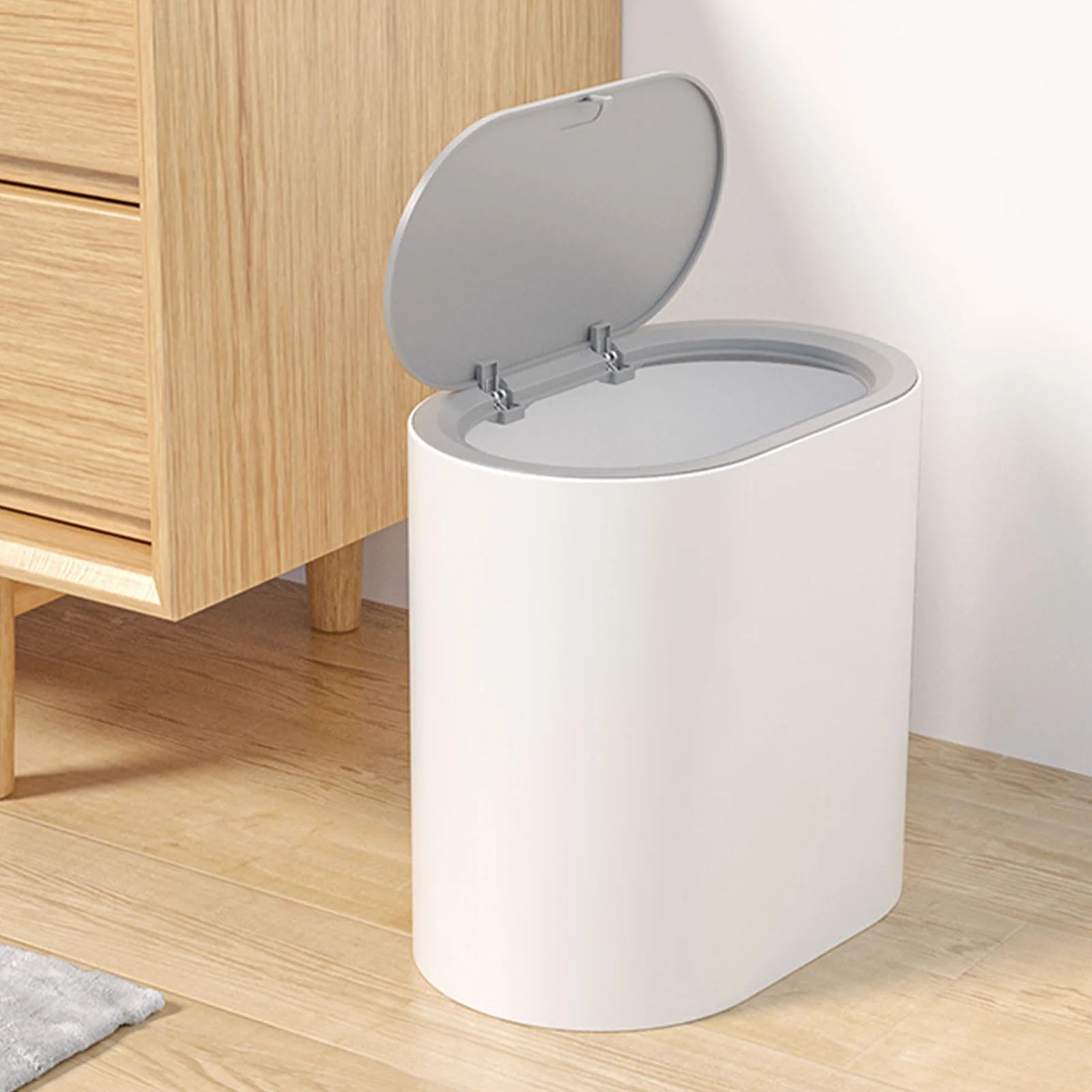 Press Top Trash Can with Lid, Slim Waste Basket for Bathroom Kitchen, Compact Office Living Room Garbage Bin