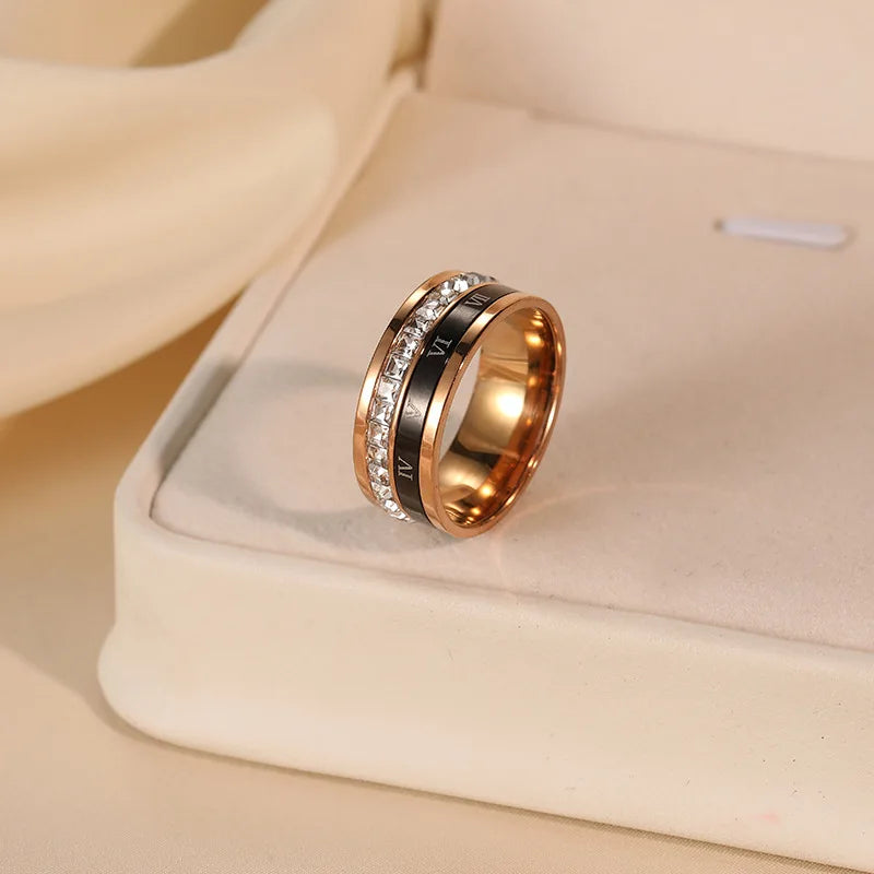 1 Piece of Niche Luxury Roman Numeral Double-Ring Titanium Steel Ring with Micro-Inlaid Zircon for Women, Suitable for Commuting and Street Style, Valentine's Day Gift