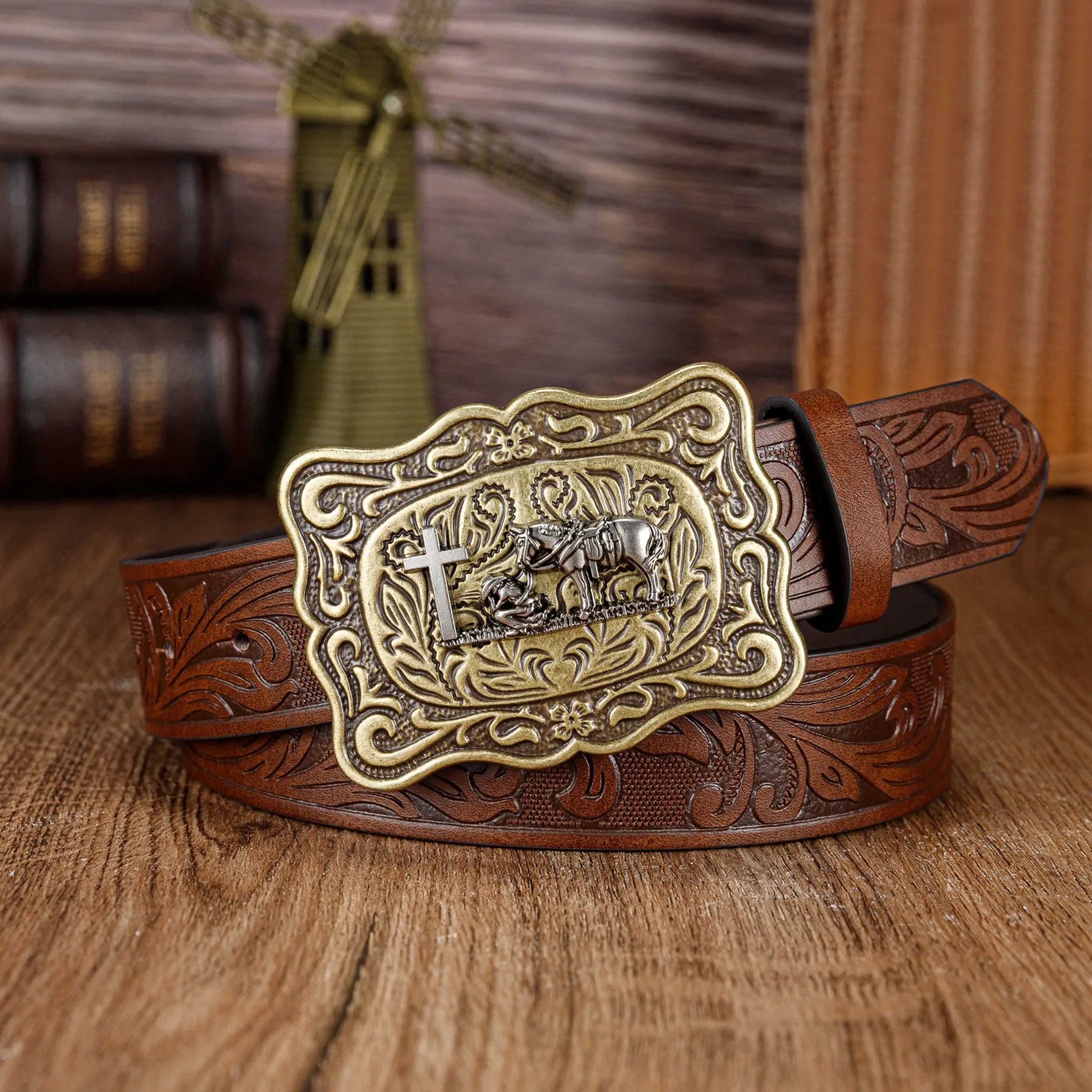 Wrangler men's belt, retro embossed personalized belt, Western denim large buckle punk style belt