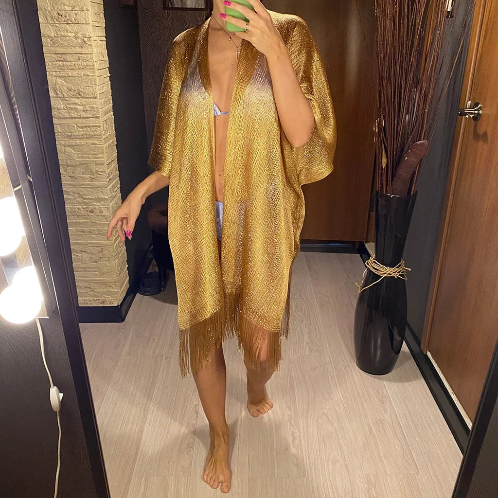 Solid Bikini Cover Up Tassel Beach Dress Tunics Swimsuit Bathing Suit Women Shining Cover Ups for Swimwear Women Pareo Plage