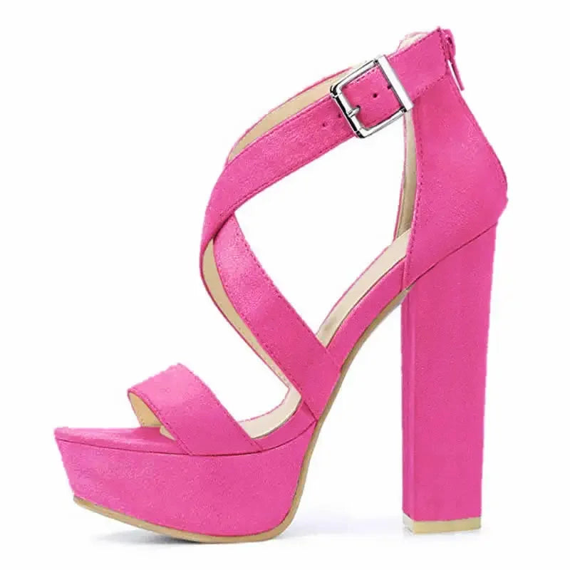 Women Sandals Open Toe Thick High Heels Chunky Cross Strap Buckle Platform Pumps Dress Party Wedding Shoes