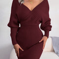 Women's V Neck Waist Tie Sweater Dress - Bodycon Long Sleeve Solid Knit for Fall Winter Holiday Party
