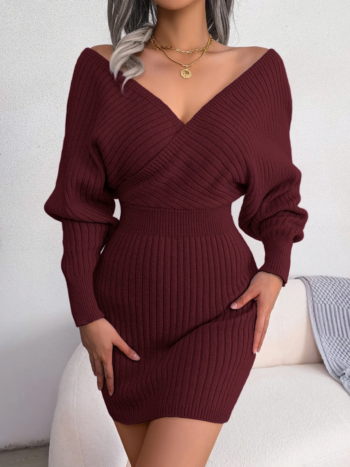 Women's V Neck Waist Tie Sweater Dress - Bodycon Long Sleeve Solid Knit for Fall Winter Holiday Party