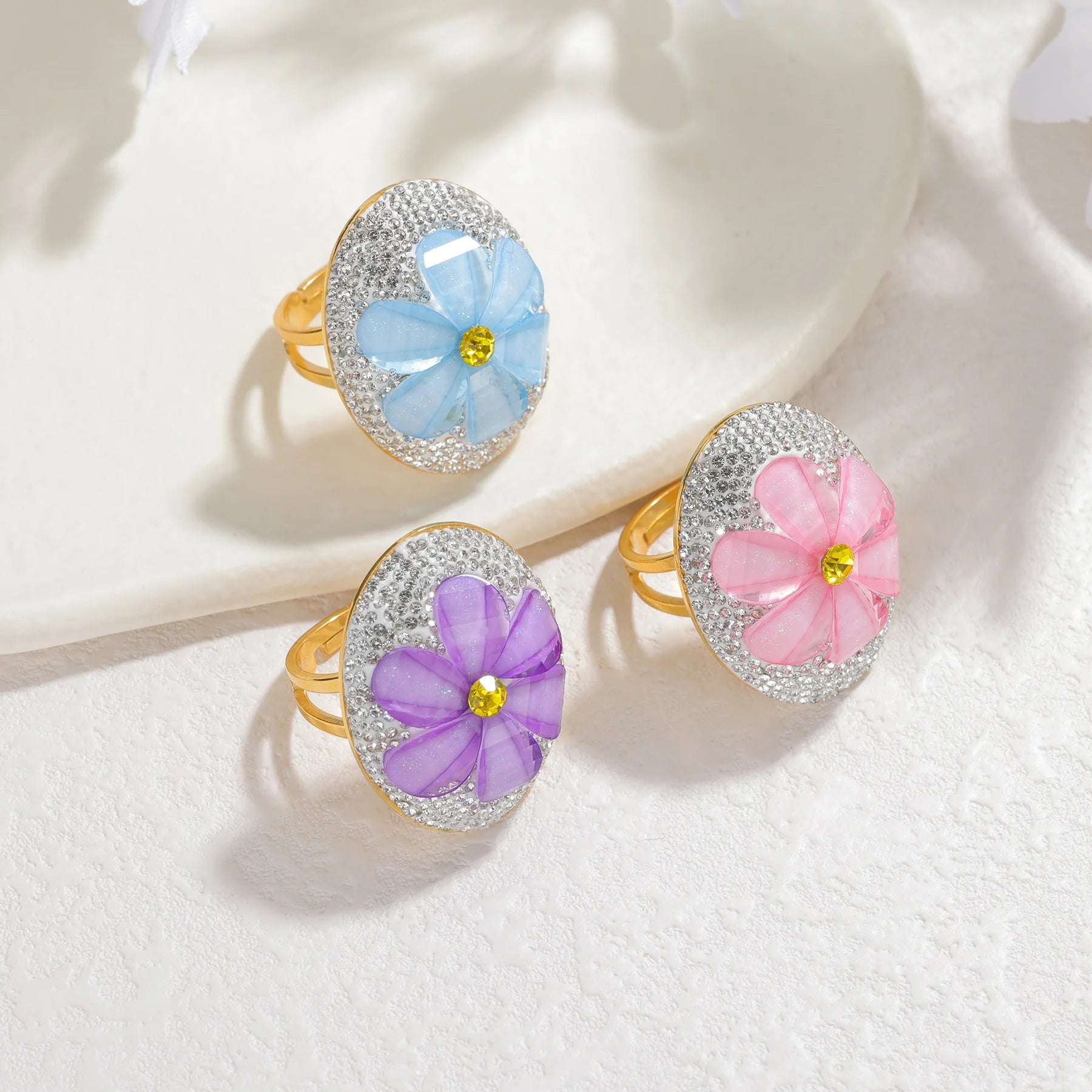 New Gold-plated Stainless Steel Open Ring Inlaid Zircon Multicolor Oil Drop Flower Design Luxury Charming Women Jewelry Gifts
