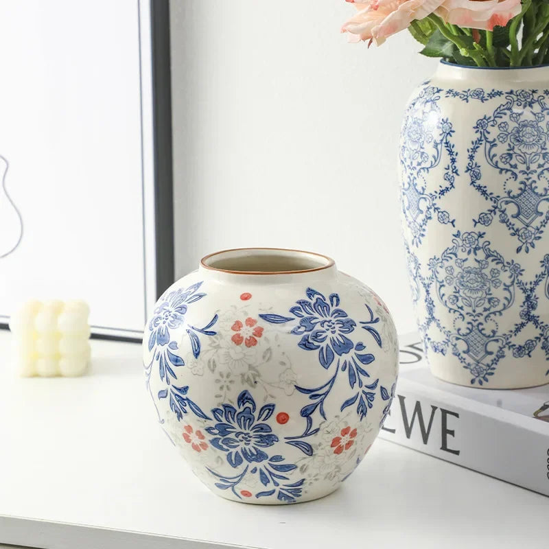 Red and White Porcelain Vase Elegant Classical Flowers Pot
