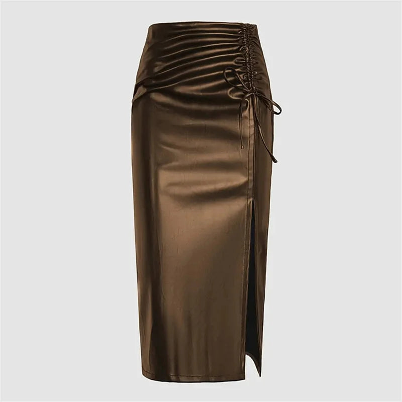 Y.KUKU Sexy PU Skirts For Women Fashion Black Drawstring Midi Skirt Streetwear High Waist Women Clothing Saia Faldas Femme