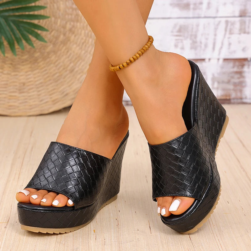Chunky Platform Wedges Sandals Women Sexy Peep Toe Black Pu Leather Weave Slides Woman Super High Heel Anti Slip Sandalias Mujer