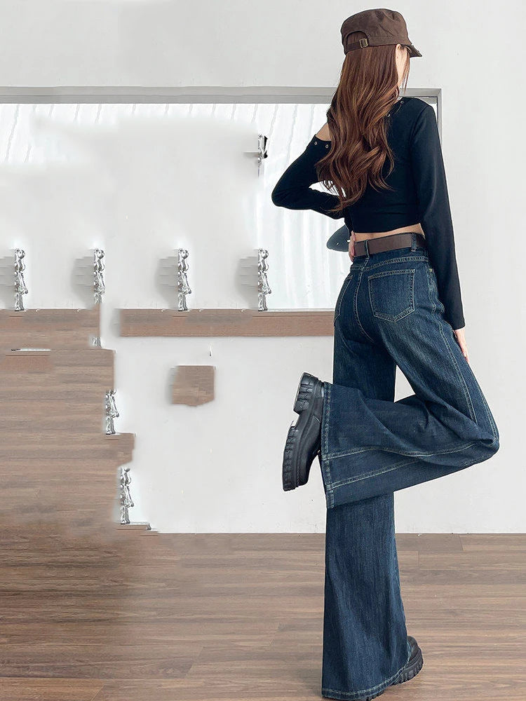 American Style Retro Elastic Wide Leg Jeans