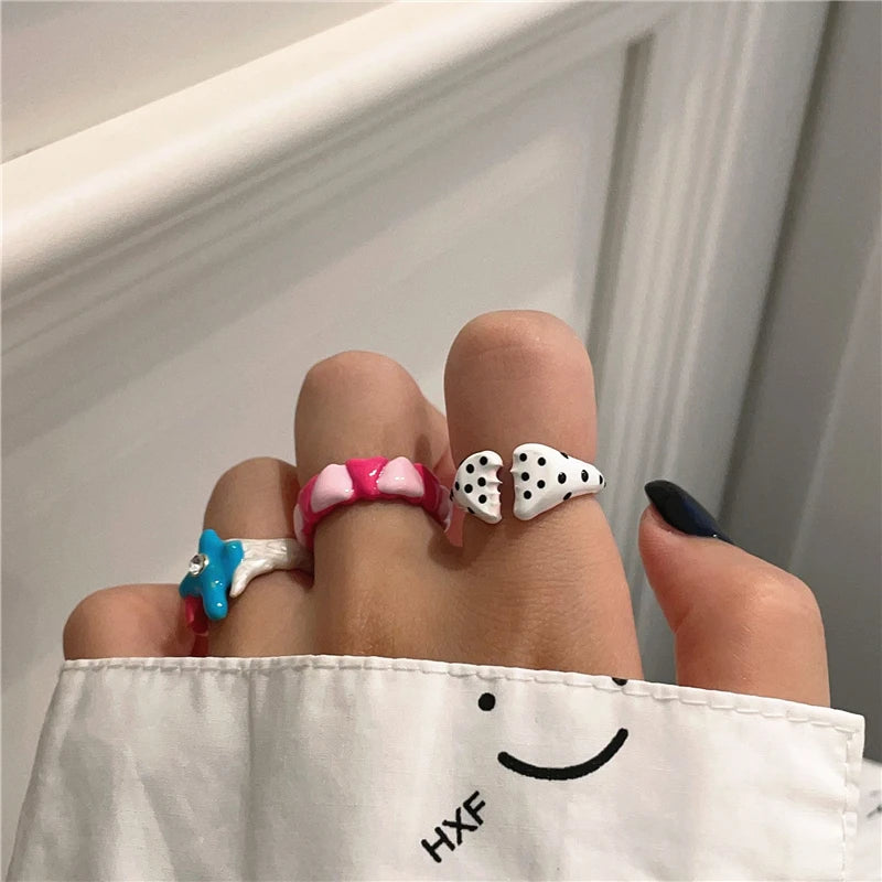 Love zircon inlaid pink handmade drip glaze enamel ring Y2K creative open ring female accessories jewelry gift