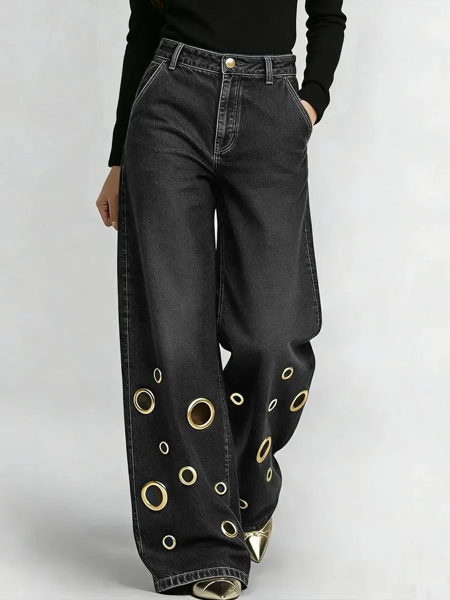 Women's High Waist Wide Leg Jeans with Gold Eyelets