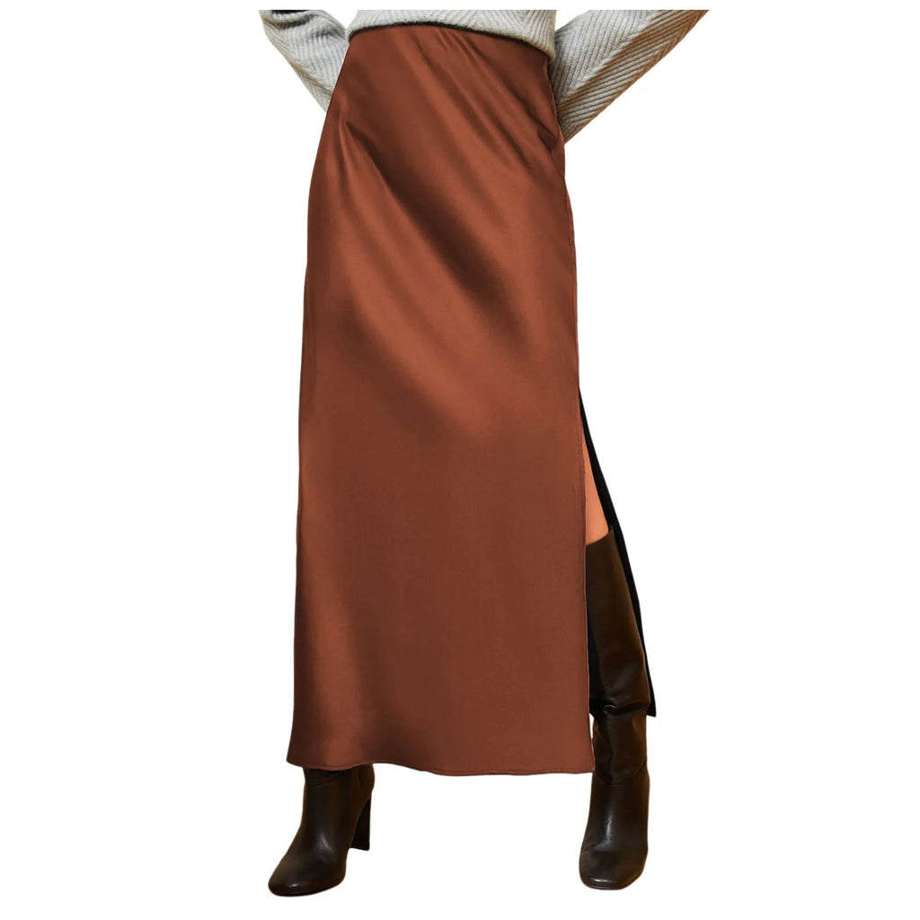 Silk Satin High Waist Pencil Skirt – Korean Style Elegant Long Skirt