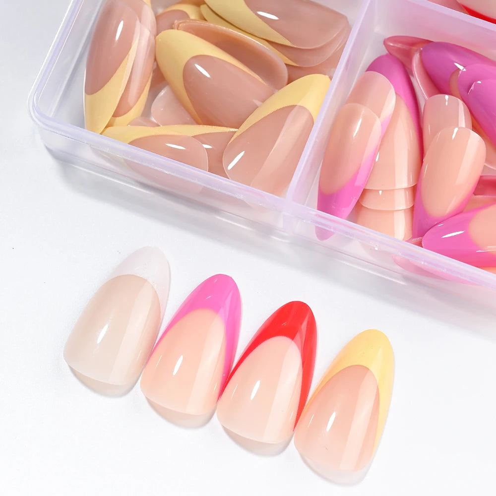 96Pcs/box Mixed Medium Almond French False Nails White/Red/Pink/Yellow French Press On Nails Full Cover Actylic Nail Fake Tips!5