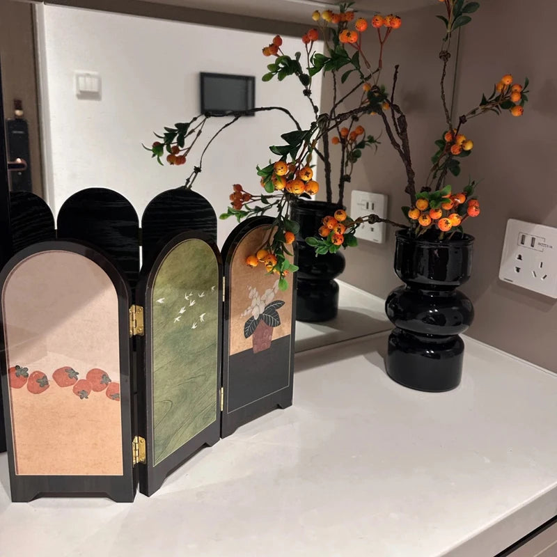 Chinese Style Small Screen Desktop Decoration Cabinet Bucket Decoration Foldable Retro Painting Desktop Decorative Ornamet