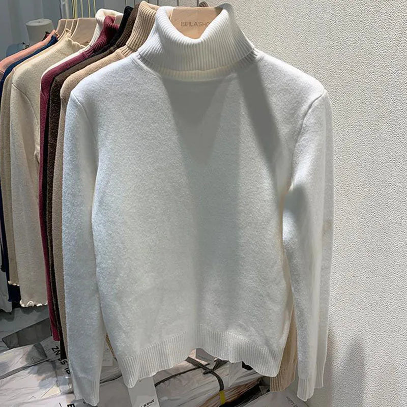 Women's Turtleneck Sweater Winter Long Sleeve with Velvet Lining Warm Knitting Pullover Woman Solid Thickened Bottoming Jumpers