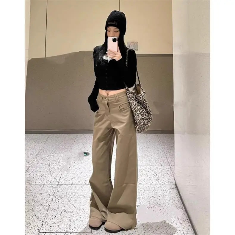 Petite Women's Melange Wide Leg Casual Pants 25 Fall Winter Slim High Waist Retro Floor Length