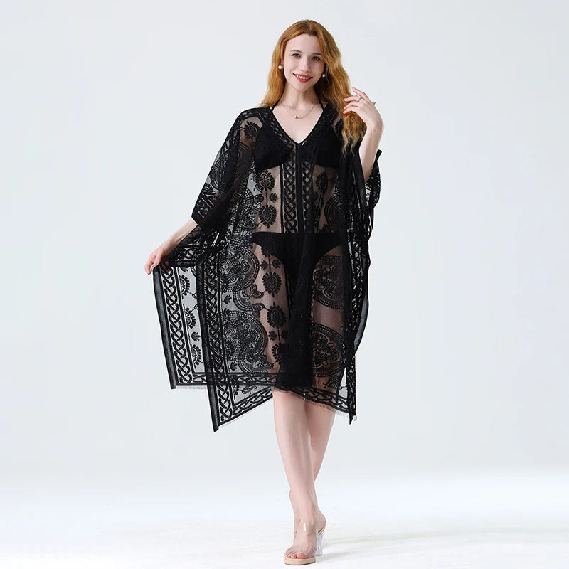Swim Cover Up Lace White Beach Dress Sexy Long Cover up Woman Swimwear Bikini Tunic Long Pareos Robe Beachwear Outfit