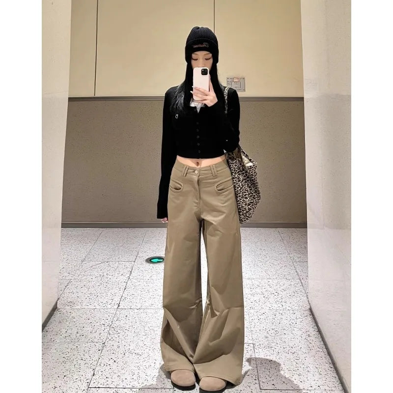 Petite Women's Melange Wide Leg Casual Pants 25 Fall Winter Slim High Waist Retro Floor Length