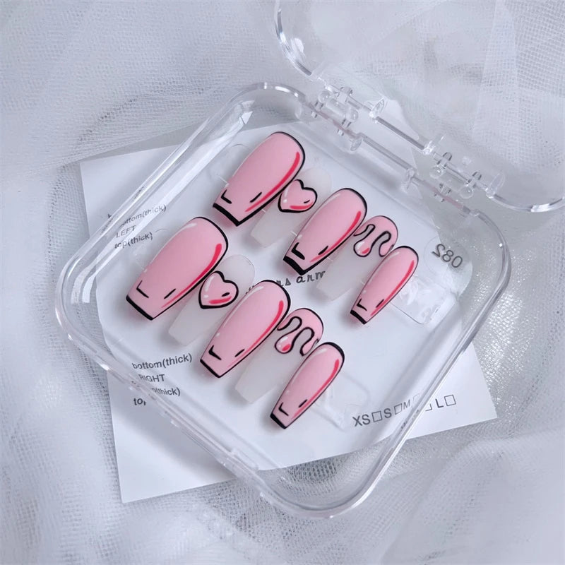Handmade Cute Press on Nails 3D Comic Fake Nails Dreamy Pink Hearts Acrylic False Nails Full Cover Finger Tips Kit Nail Art Girl