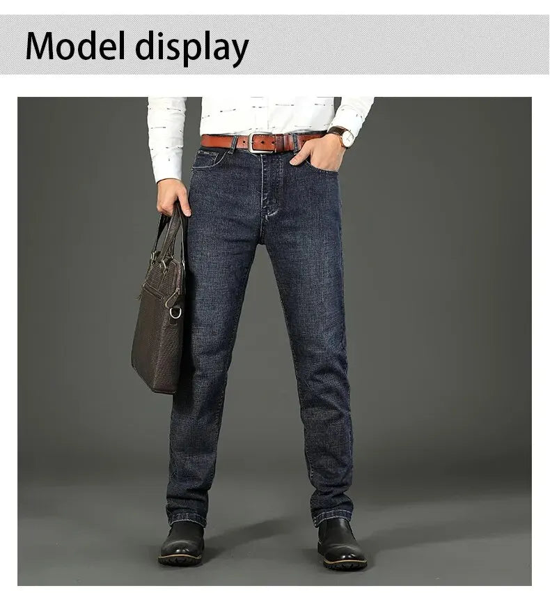 Wthinlee New Business Men's Jeans fleece Casual Straight Stretch Fashion Classic Blue Black Work Denim Trousers Male  Clothing