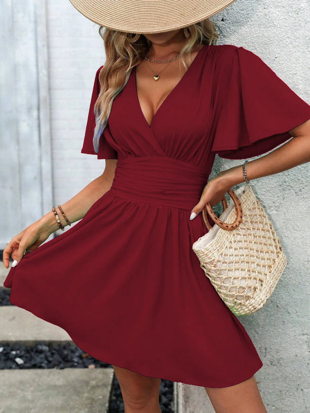 Woman Summer V-Neck Ruffled Sleeve Solid Color Dress Woman Clothing Tops Skirts Y2k Clothes