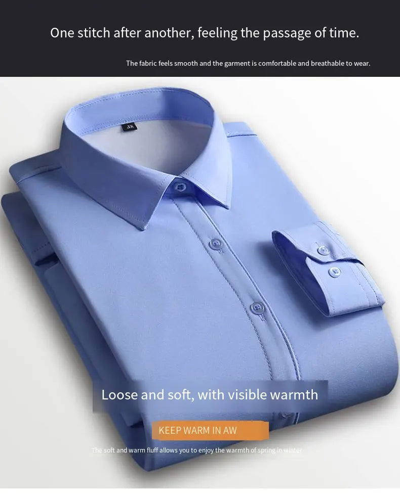 Winter and autumn men's long-sleeved warm-weather shirts for business and casual wear, non-stretchable men's clothing