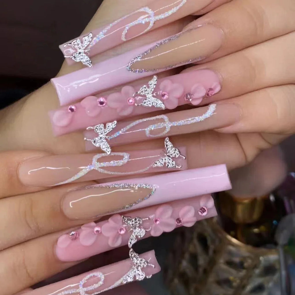 3D Butterfly Coffin Press-On Nails | 24pcs Ultra Long | French Gradient Floral Diamond Design