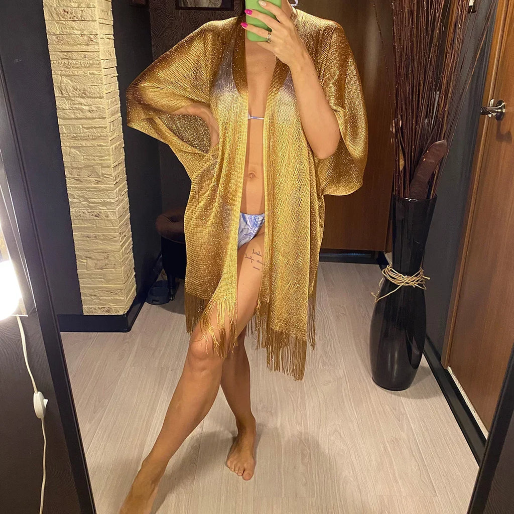 Solid Bikini Cover Up Tassel Beach Dress Tunics Swimsuit Bathing Suit Women Shining Cover Ups for Swimwear Women Pareo Plage