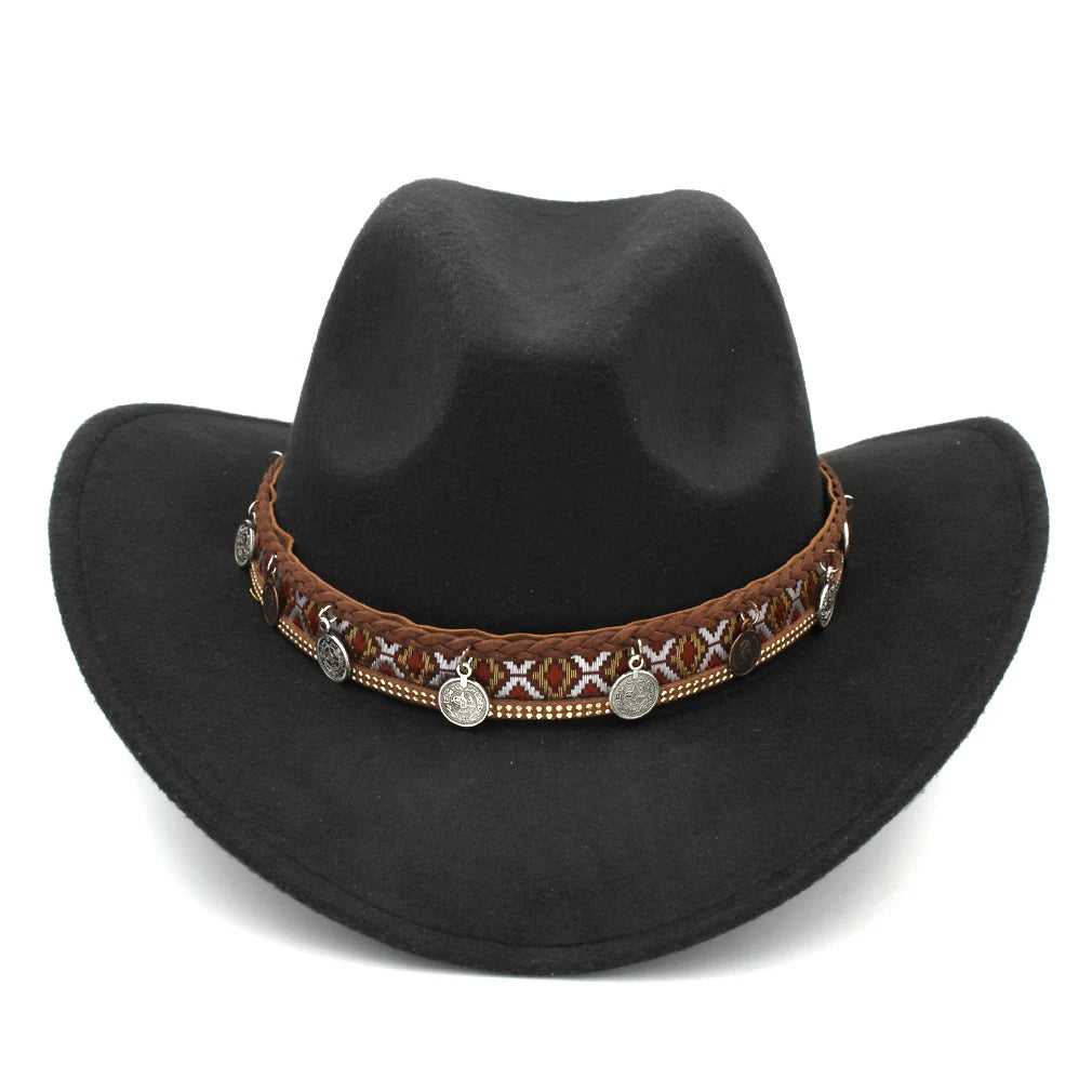 Classic Western Cowboy Hat Cowgirl Cap Fedora Hats Wide Brim Chapeau шляпа Sombrero with Punk Coins Hatband Party for Women Men