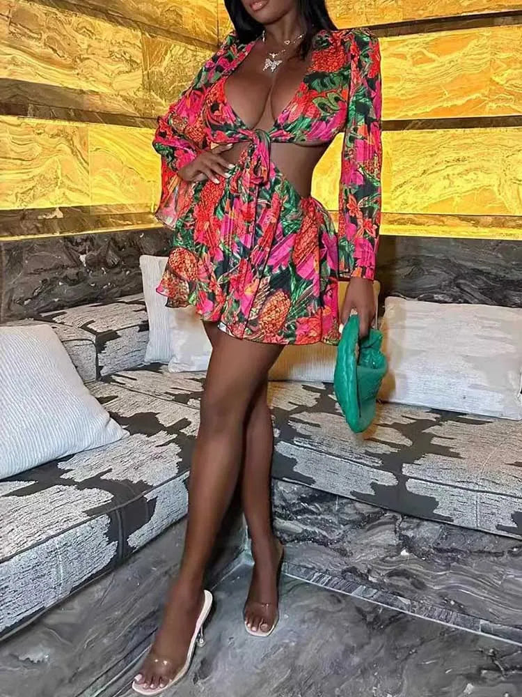 Women Sexy Outfits Skirt Sets with Top Lace-up Flare Sleeves Nightclub Wear with Flower Print Two Piece Sets Skirt and Crop Top