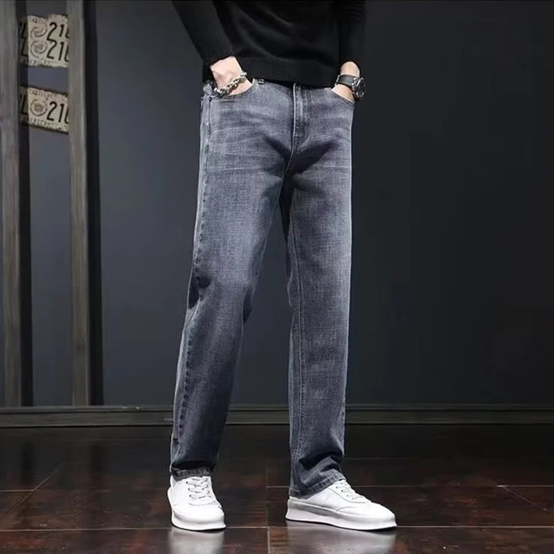 Men Fashion Loose Straight Elasticity Jeans Male Wear-resistant Slim Fit Denim Pants Smart Casual Dark Gray Trousers