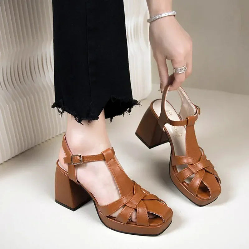 New Chunky High Heeled Sandals Women Retro Weaving Hollow Roman High Heels PU Leather Summer Square Toe Wedge Platform Sandals