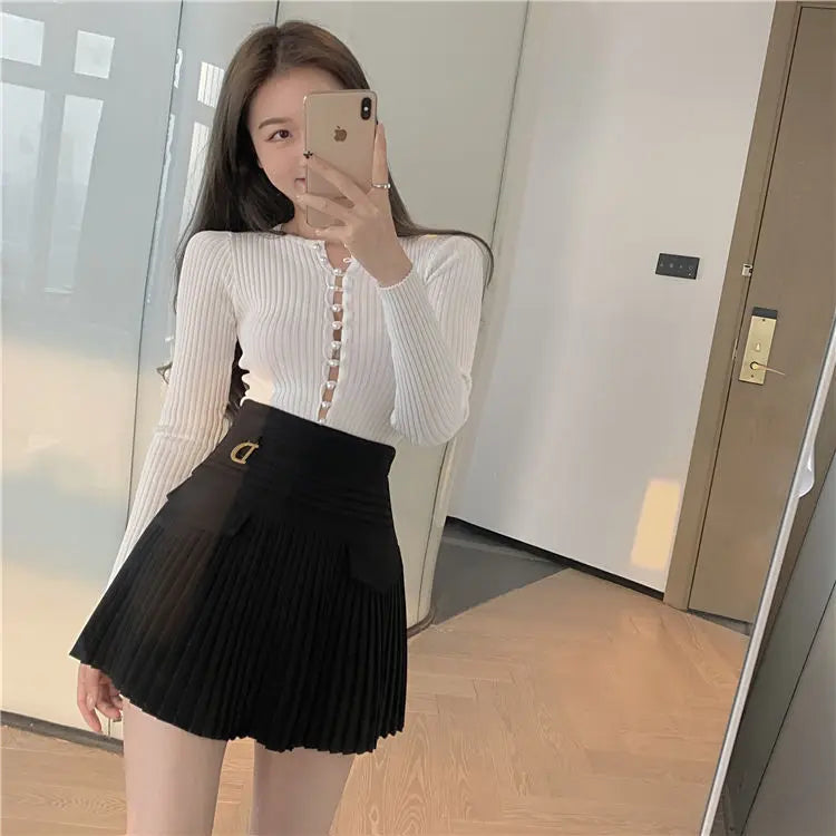 White Pleated Skirt Women  High Waist Skater Skirt Female Korean A-Line High Fashion Casual Short Skirt Women Bottoms