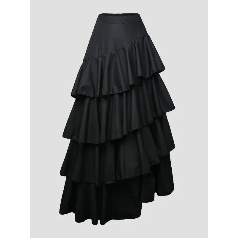 Women's Midi Skirts Summer Autumn Falbala Swing Party A-Line Classic Vintage Skirt for Lady High Waisted Long Skirts Black White